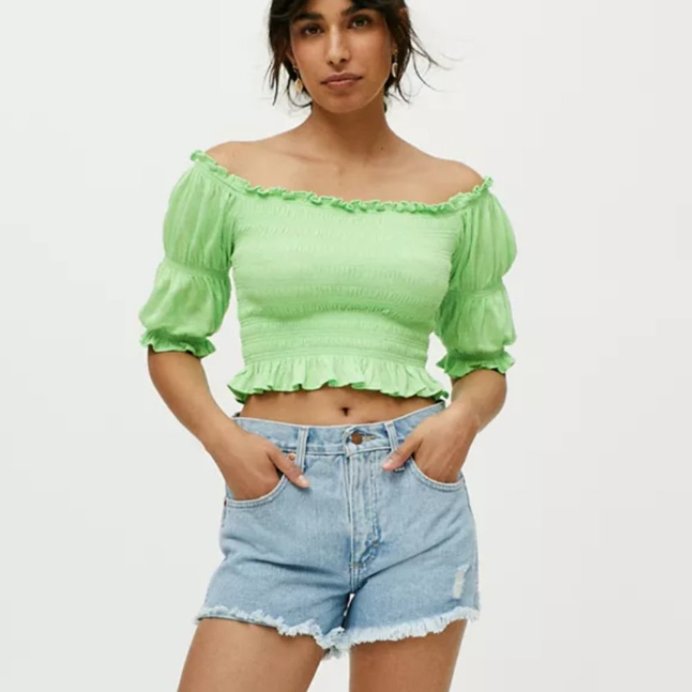 NWT UO Lime Daydreamer Puff Smocked Off-The-Shoulder Blouse Top